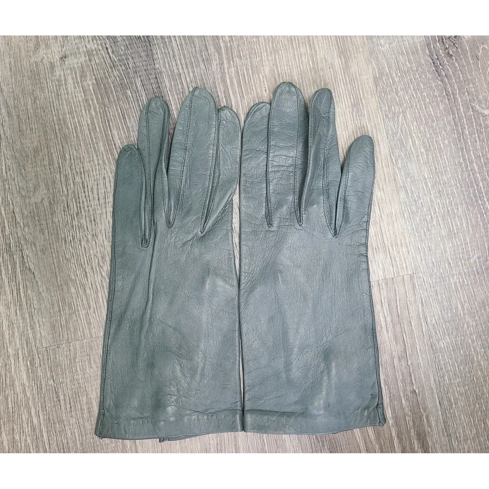 VTG 50's Macy Associates Sz 6½ Washable Gray Leather Gloves Faux Pearl Retro